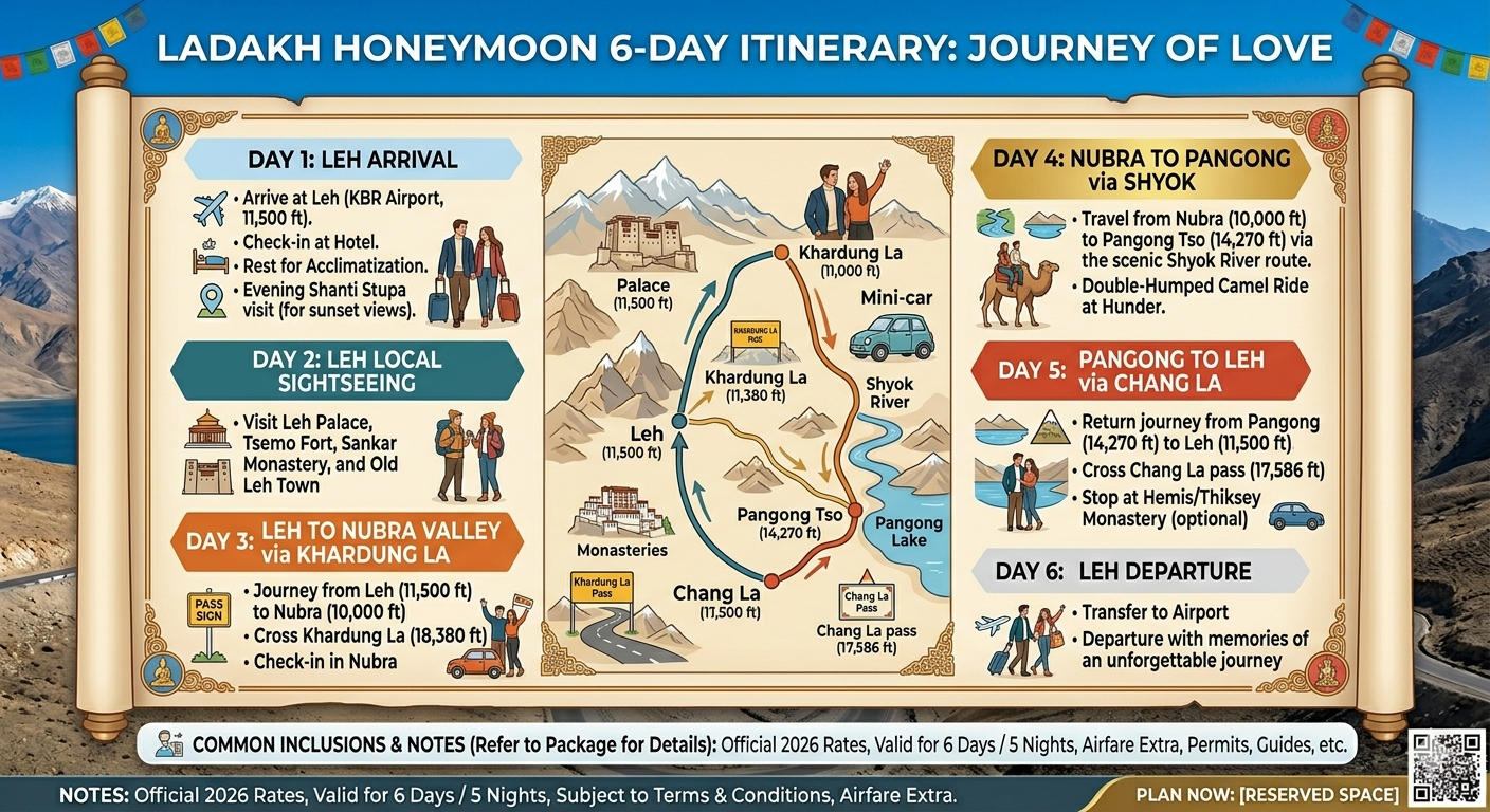 5 nights 6 days Ladakh honeymoon package from Delhi 2026 - 6 day itinerary map showing Leh Nubra Pangong circuit
