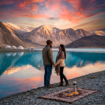 5 nights 6 days Ladakh honeymoon package from Delhi 2026 - couple at Pangong Lake sunset holding hands with snow-capped Himalayas