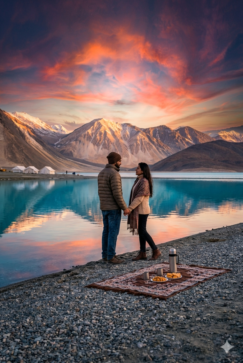 5 nights 6 days Ladakh honeymoon package from Delhi 2026 - couple at Pangong Lake sunset holding hands with snow-capped Himalayas