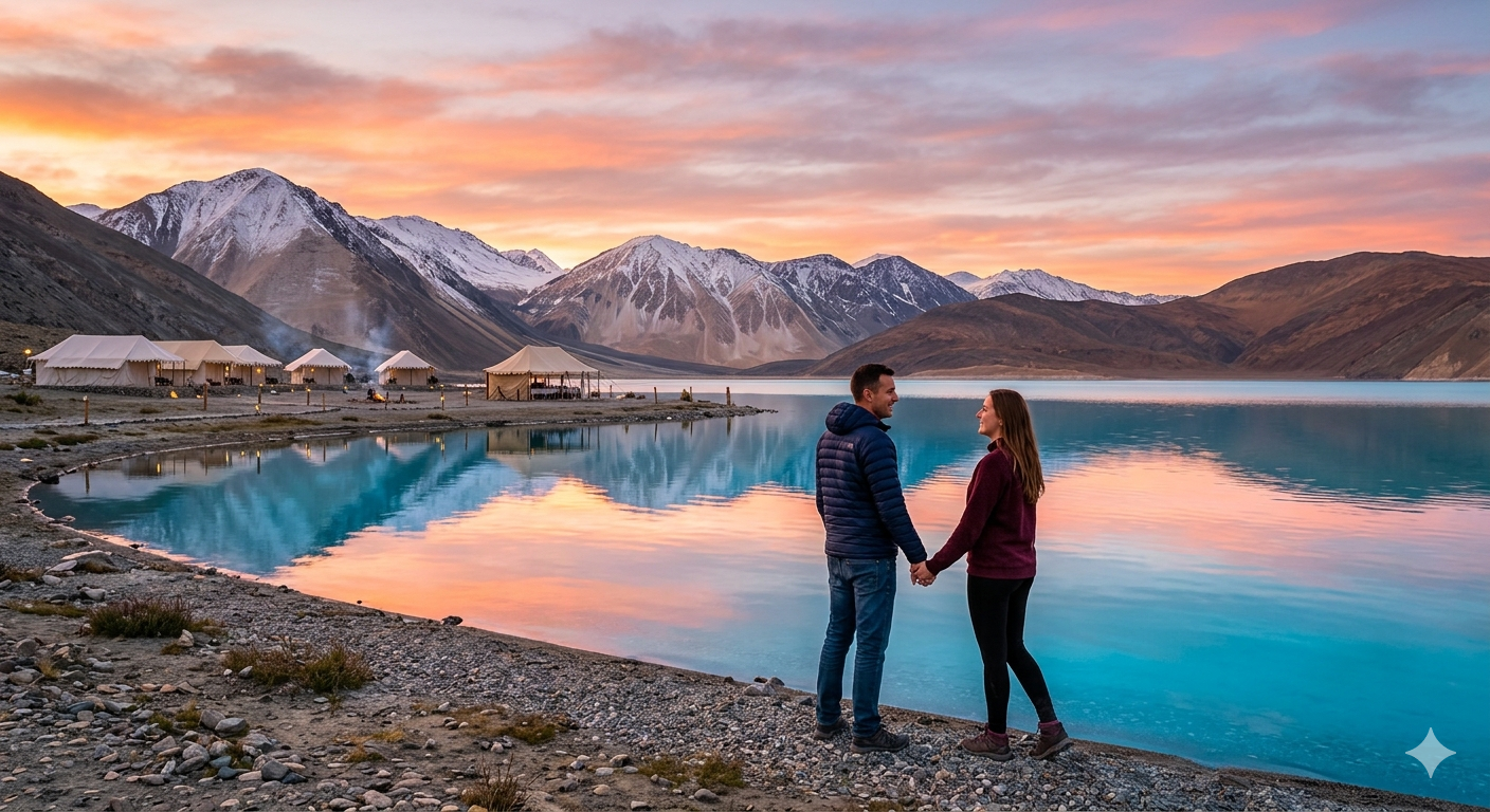 5 nights 6 days Ladakh honeymoon package from Delhi 2026 - couple at Pangong Lake sunset holding hands