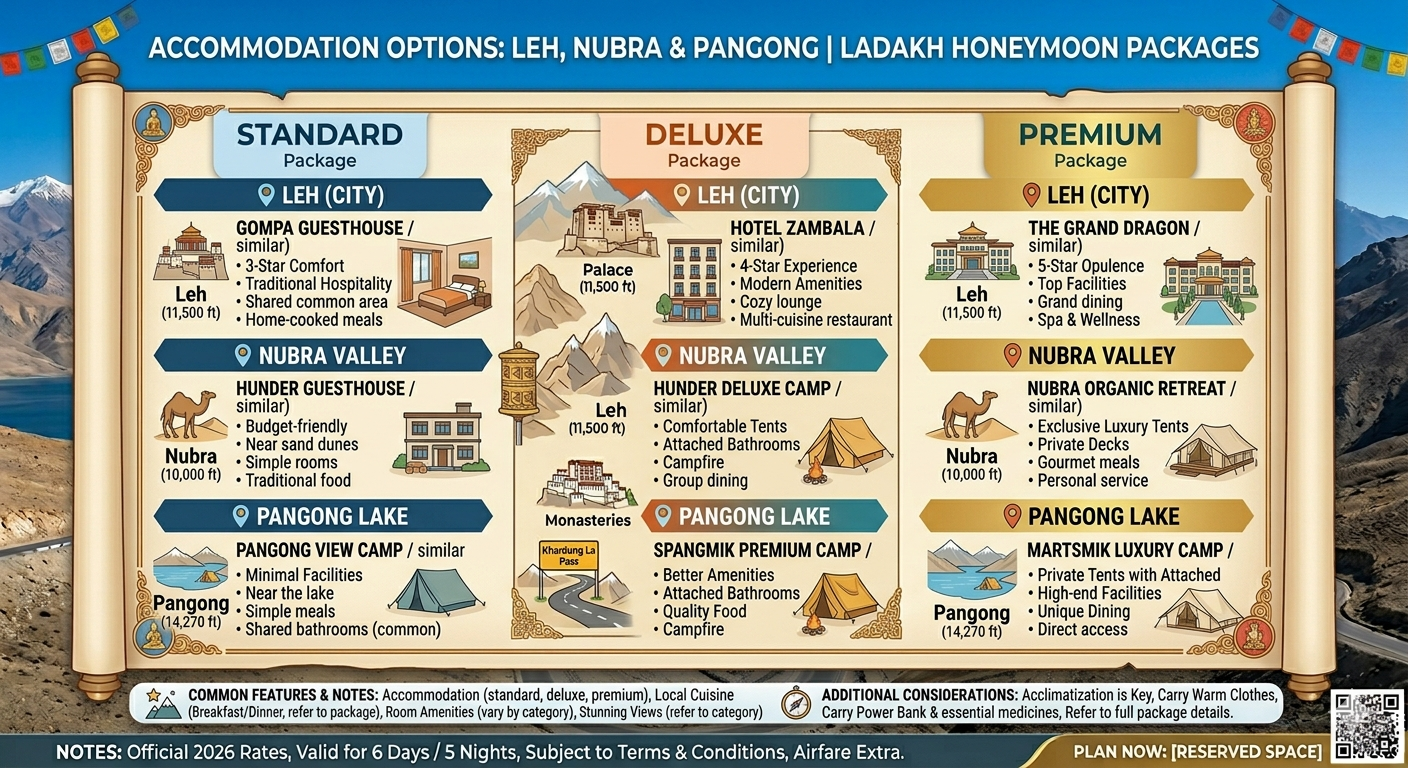 5 nights 6 days Ladakh honeymoon package from Delhi 2026 - hotel comparison by package tier