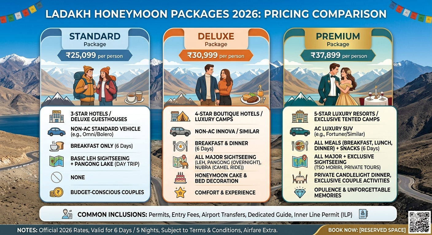  5 nights 6 days Ladakh honeymoon package from Delhi 2026 - pricing comparison chart standard deluxe premium