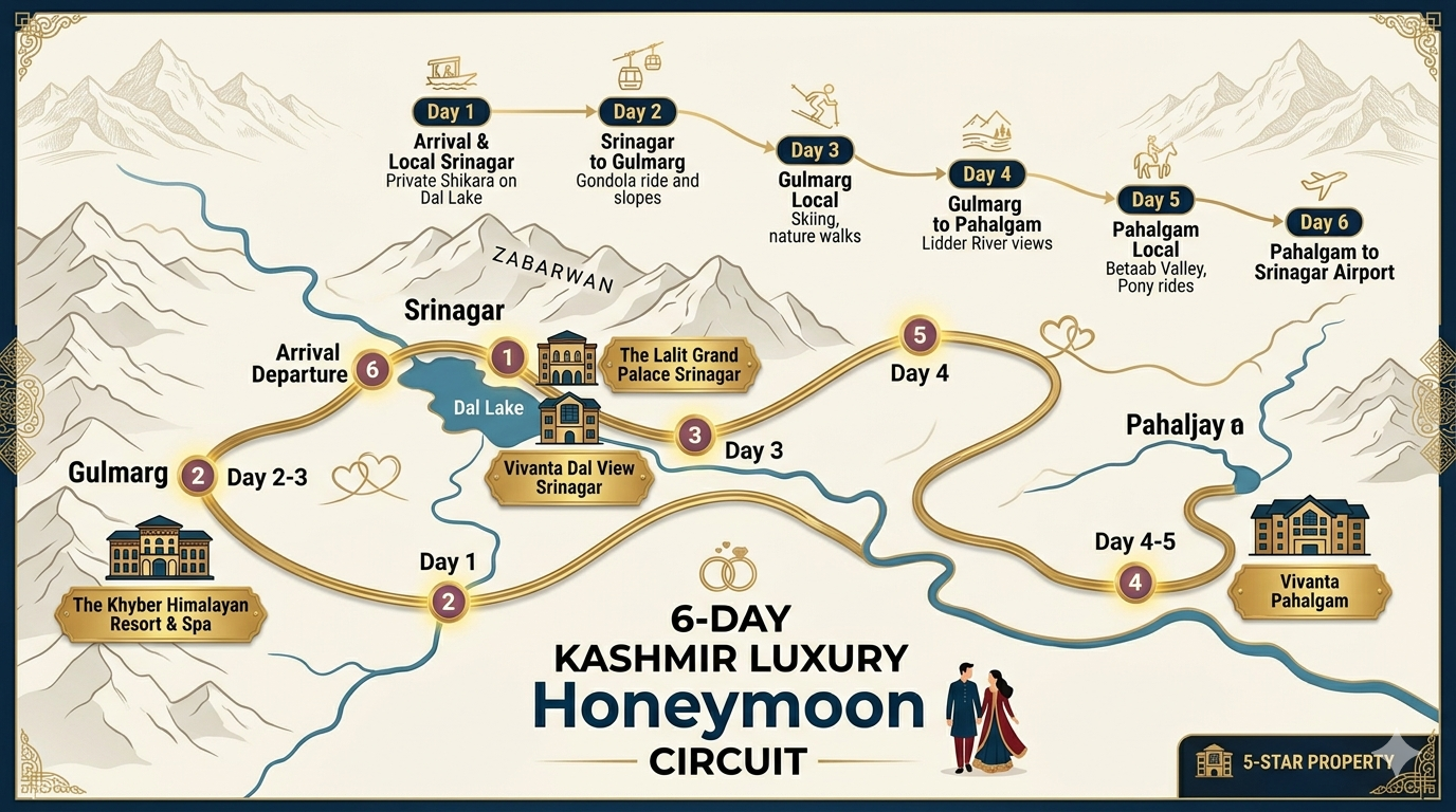 5 star Kashmir honeymoon package cost - 6-day luxury route map with 5-star properties