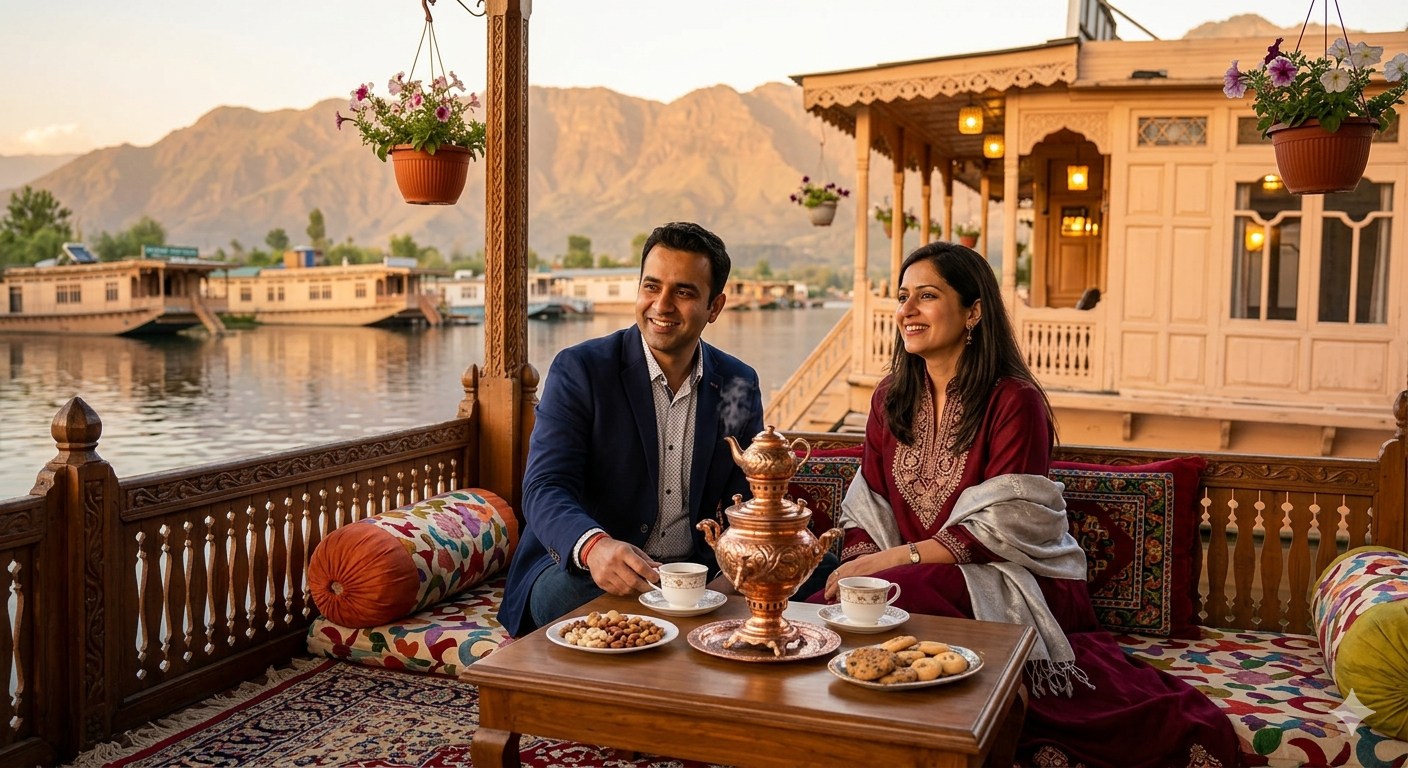 5 star Kashmir honeymoon package cost - couple on luxury houseboat at Dal Lake sunset