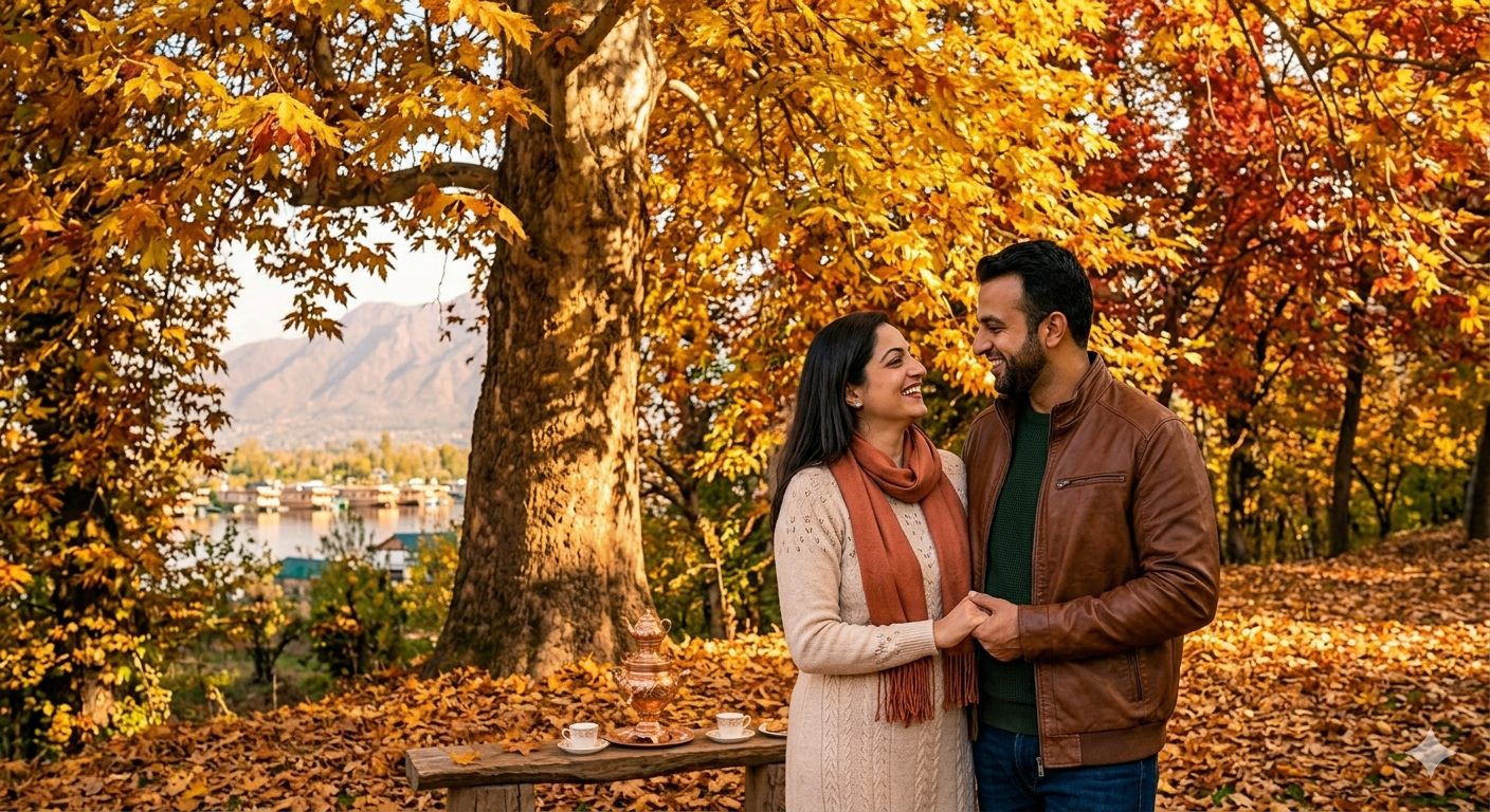 5 star Kashmir honeymoon package cost - couple under golden Chinar tree in autumn