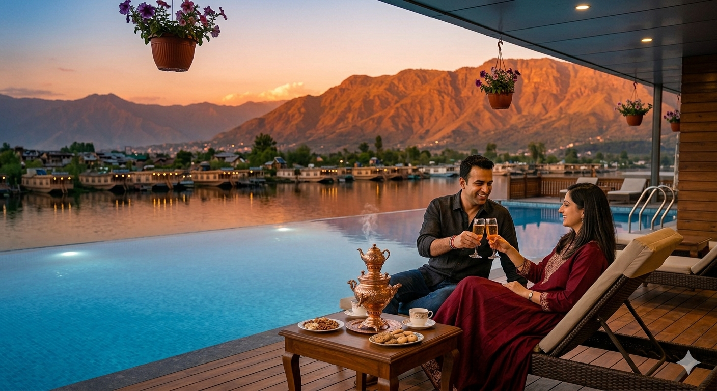 5 star Kashmir honeymoon package cost - infinity pool at Vivanta Dal View Srinagar with mountain view
