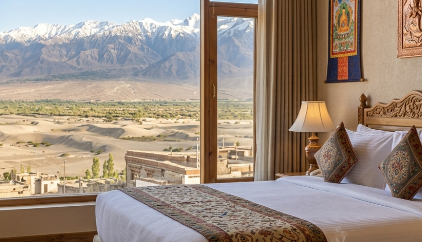 5 star hotels in Leh Ladakh 2026 - luxury room at The Grand Dragon Ladakh with Stok Kangri mountain views