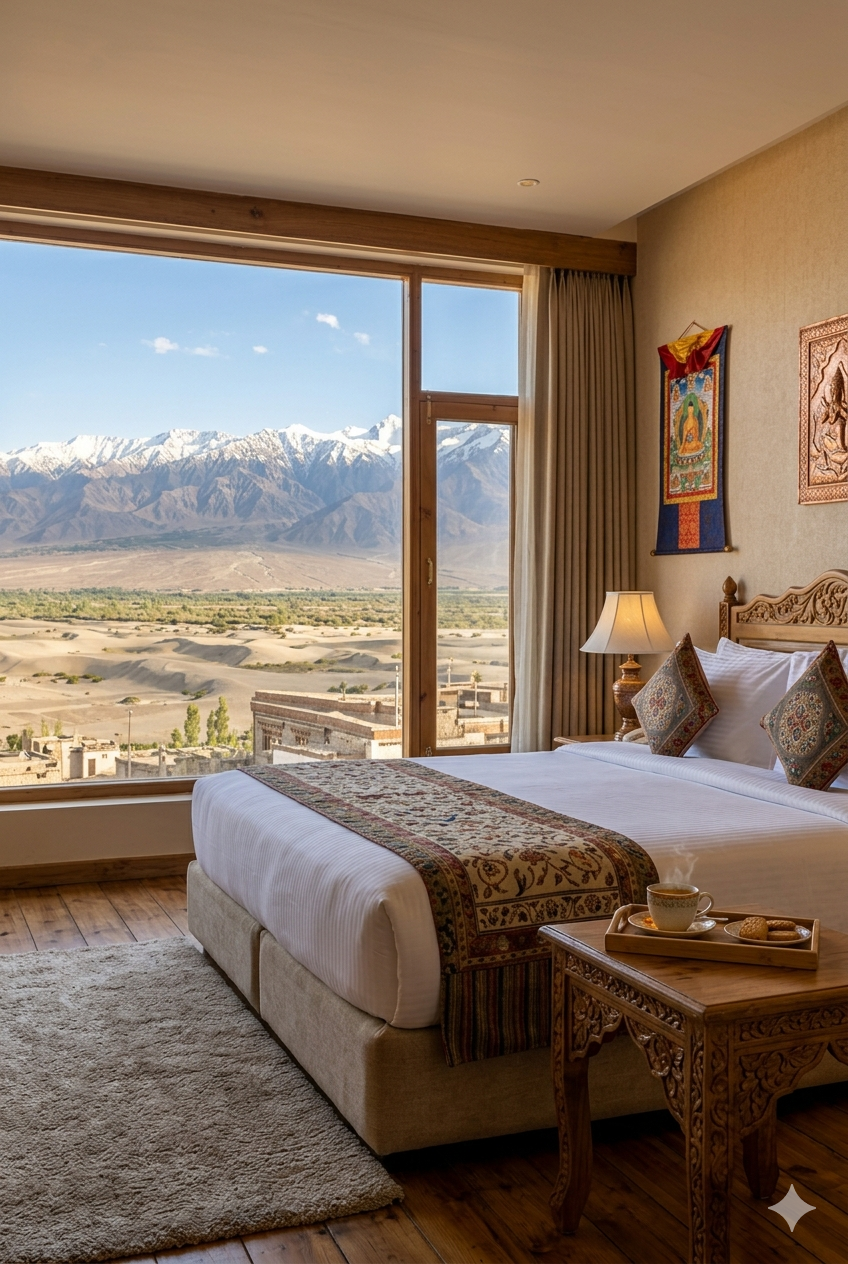 5 star hotels in Leh Ladakh 2026 - luxury room at The Grand Dragon Ladakh with Stok Kangri mountain views