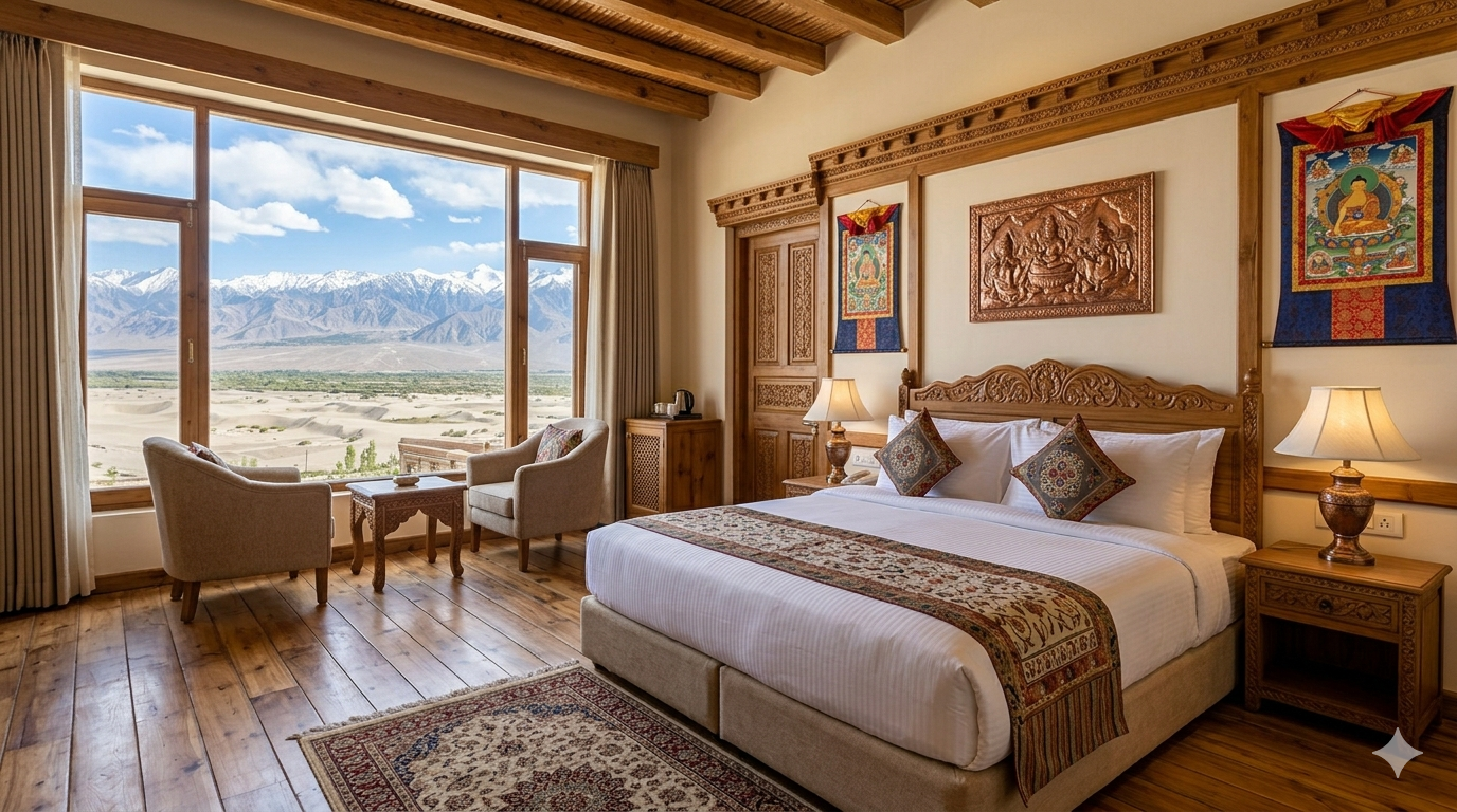  5 star hotels in Leh Ladakh 2026 - luxury room interior at The Grand Dragon with mountain views