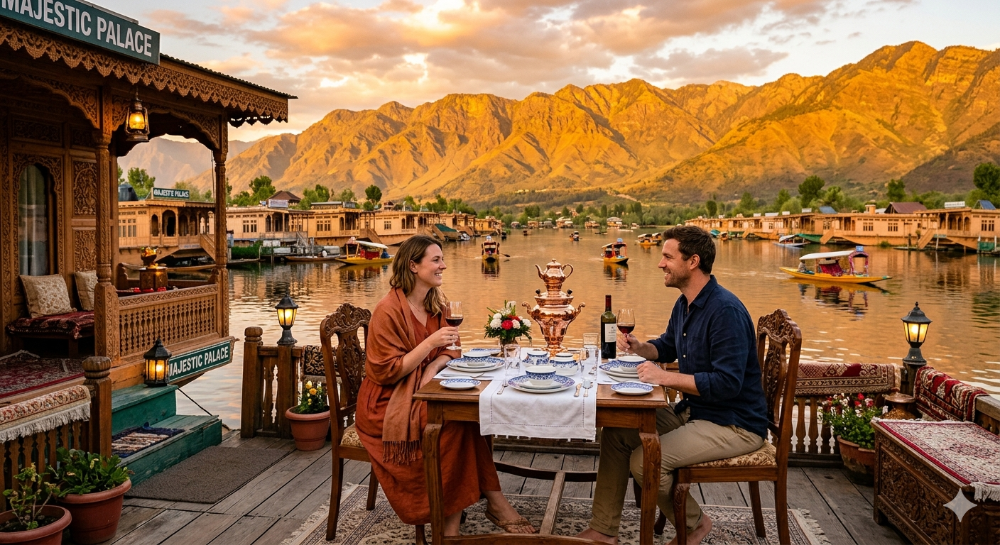 A couple sitting on the deck of a luxury houseboat at sunset. The table is set with fine china and a copper samovar. The Zabarwan mountains glow golden in the background. Houseboats and shikaras visible on calm Dal Lake.