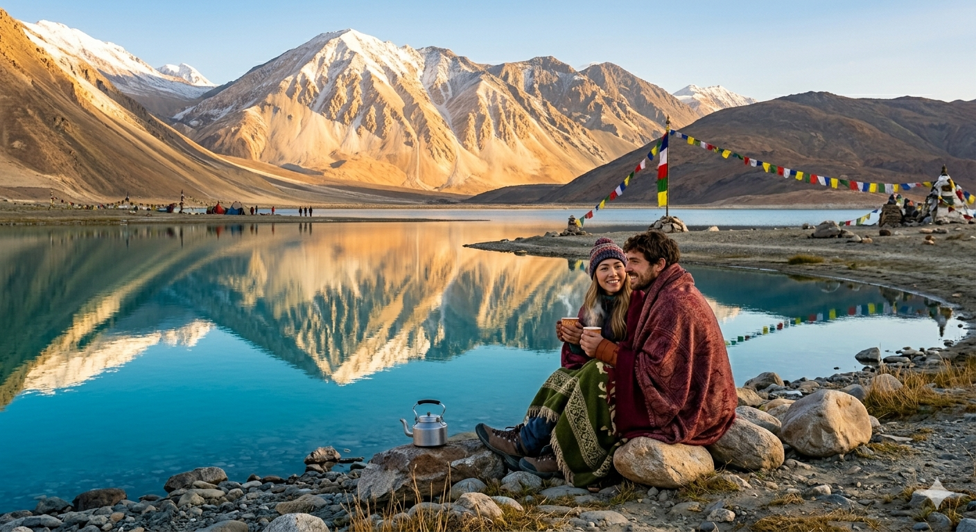 Leh Ladakh Trip Cost from Bangalore for Couple 2026 | 7 Days @ ₹49k 9 Leh Ladakh trip cost from Bangalore for couple - couple at Pangong Lake during golden hour