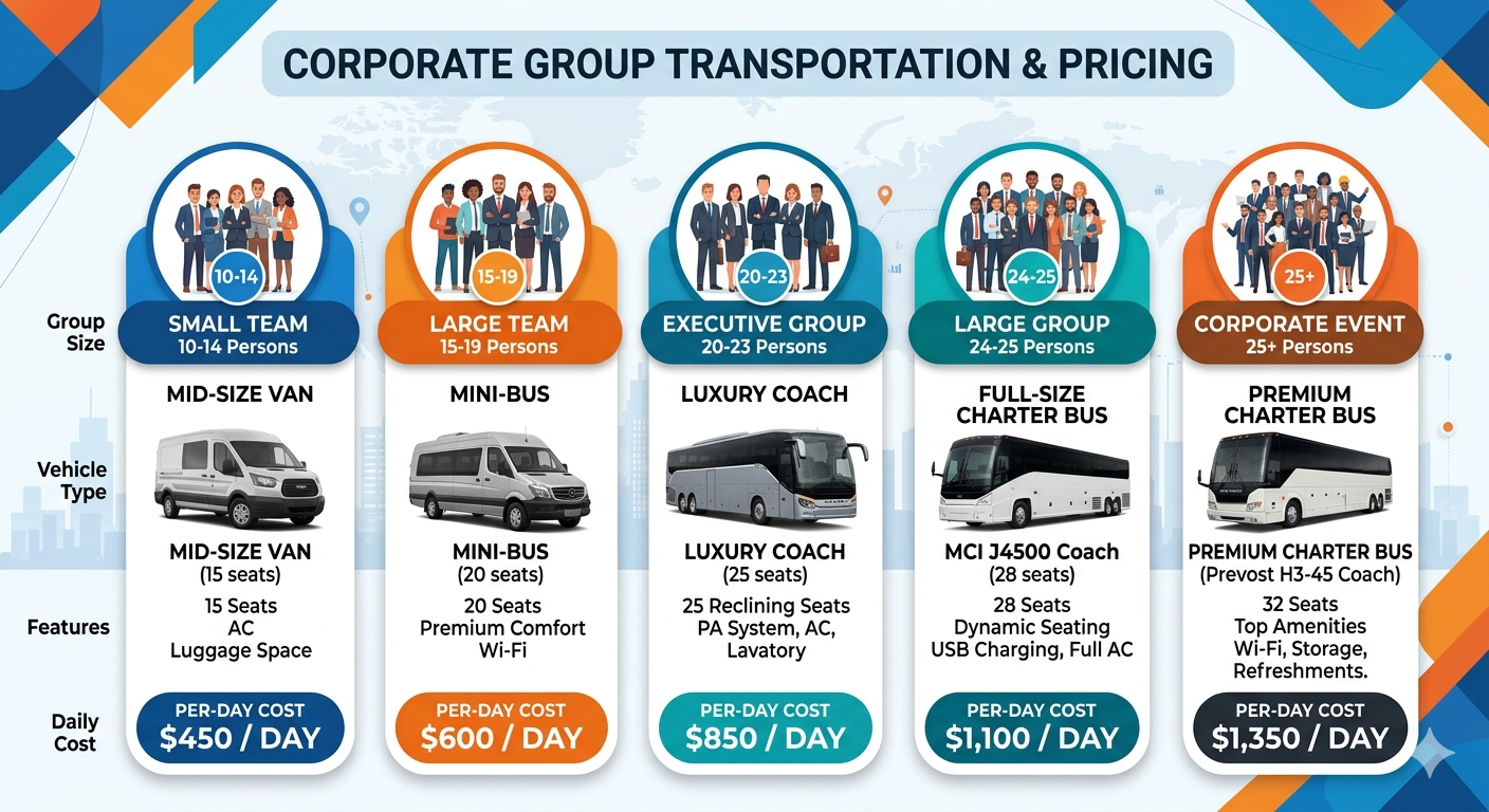 A pricing infographic showing group size options with vehicle types and per-day costs. Corporate icons represent different group sizes from 10 to 25 persons