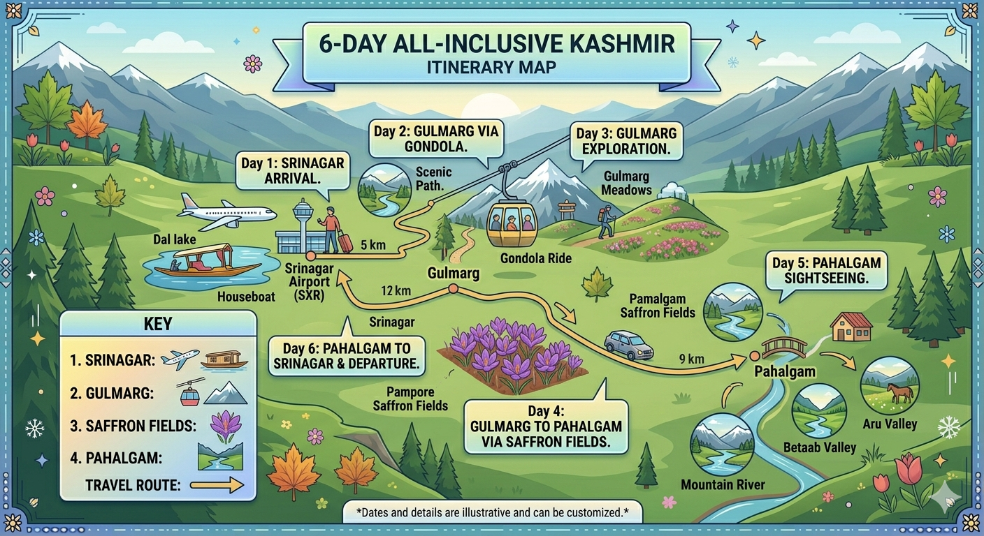 All inclusive Kashmir vacation packages 2026 - 6-day itinerary map