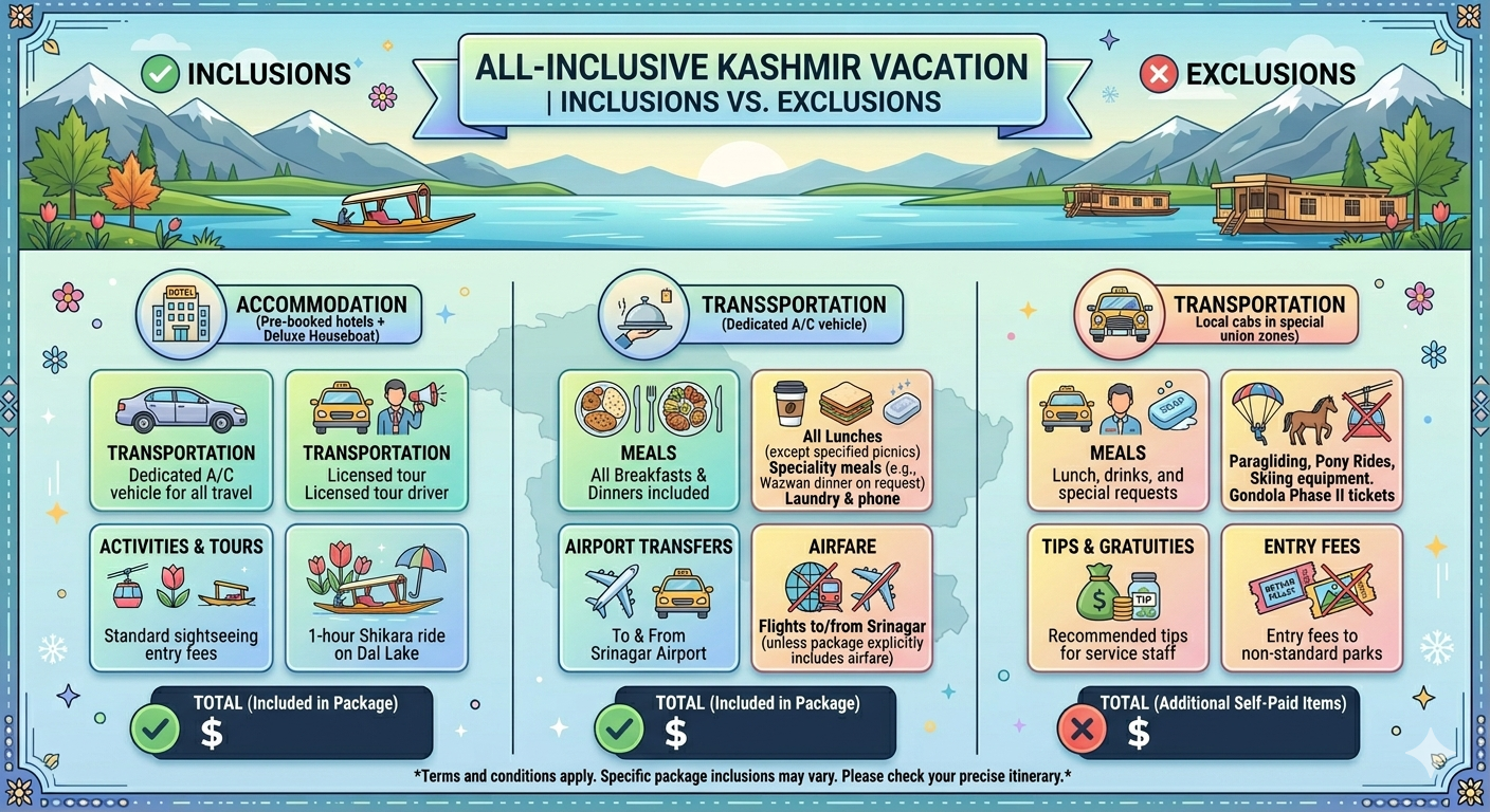 All inclusive Kashmir vacation packages 2026 - inclusions and exclusions infographic