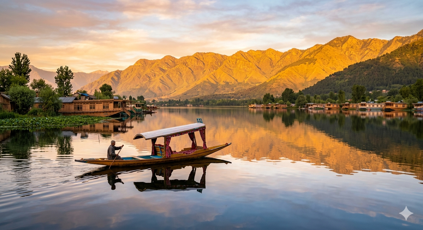 All inclusive Kashmir vacation packages 2026 - sunrise on Dal Lake with shikara and Zabarwan mountains