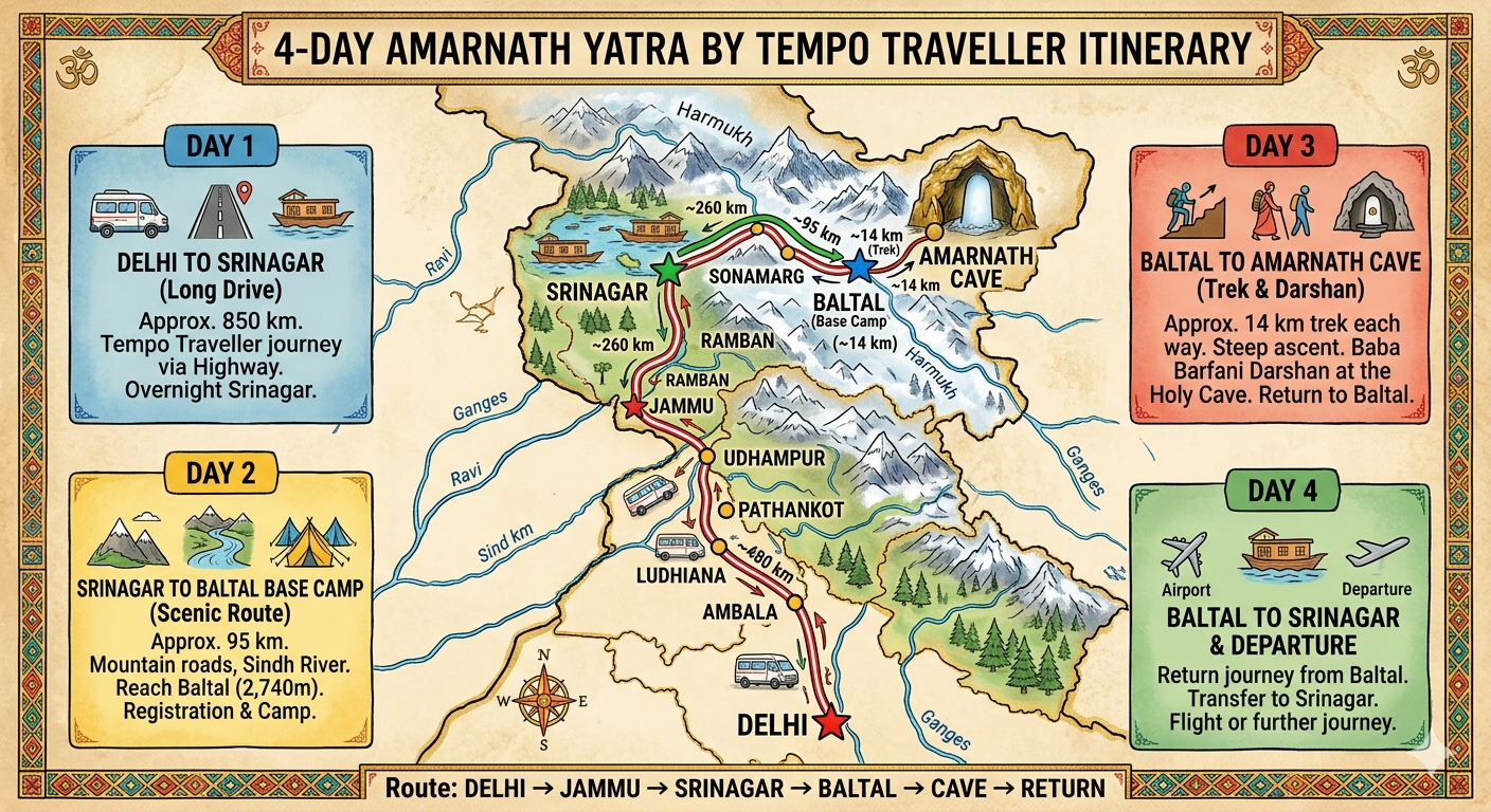 Amarnath Yatra by tempo traveller from Delhi 2026 - 4-day itinerary map