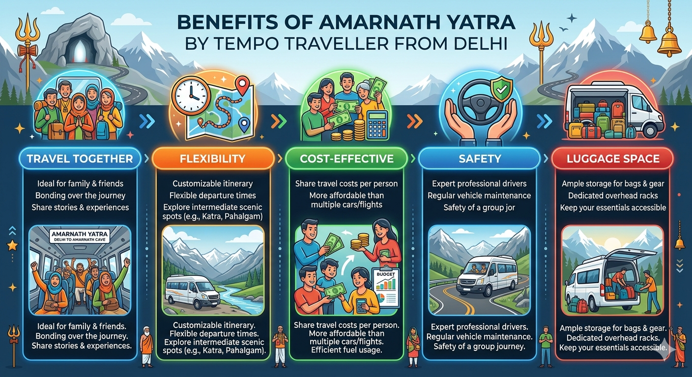 Amarnath Yatra by tempo traveller from Delhi 2026 - benefits infographic