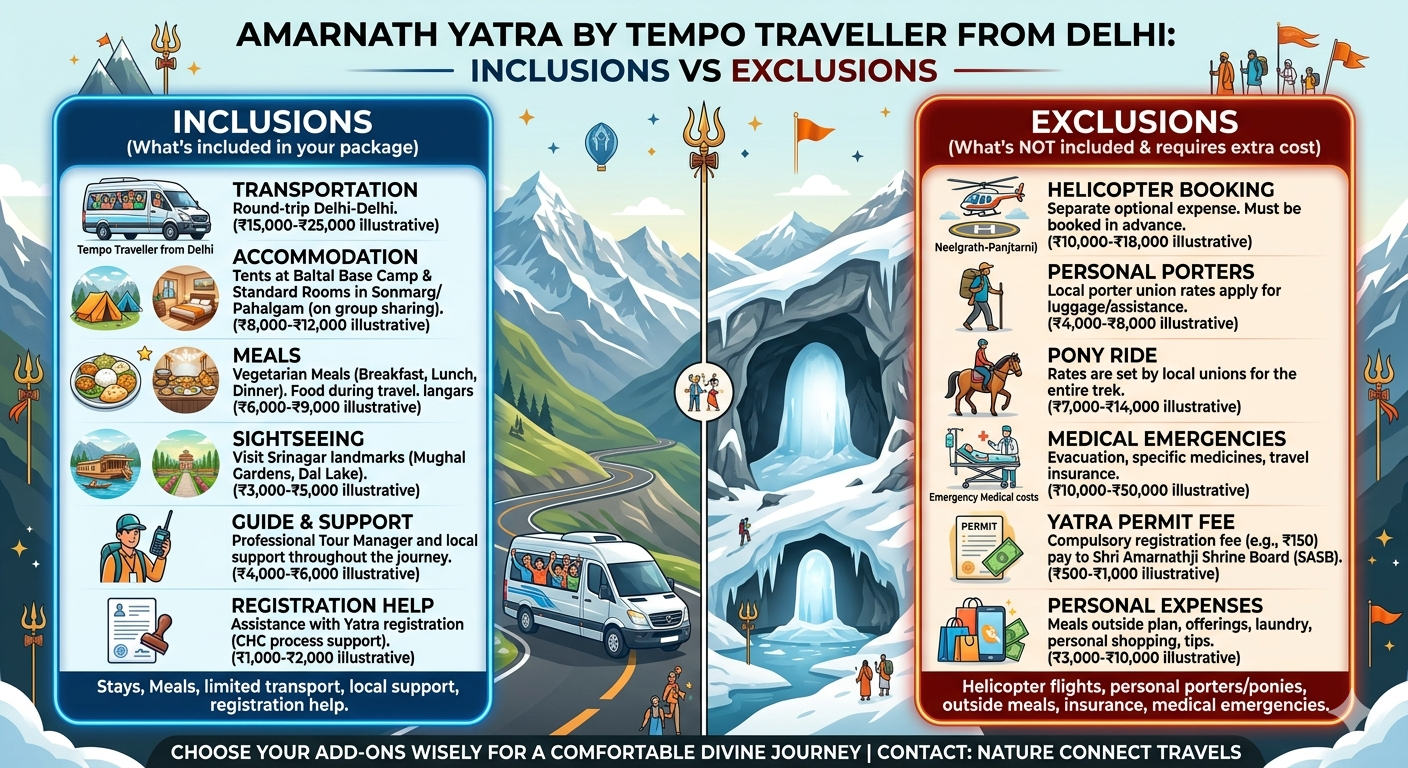Amarnath Yatra by tempo traveller from Delhi 2026 - inclusions and exclusions infographic