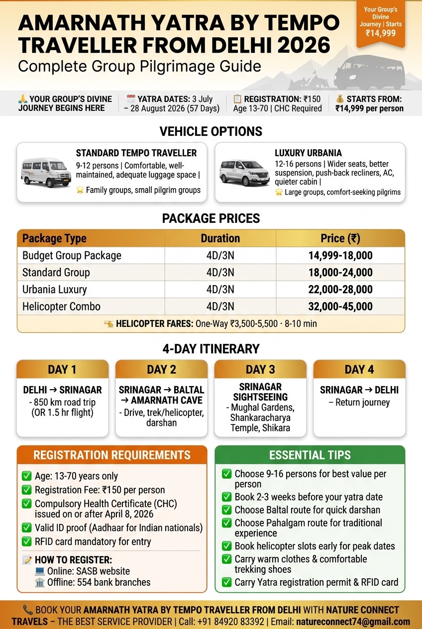 Amarnath Yatra by tempo traveller from Delhi 2026 infographic - vehicle options standard 9-12 persons and Urbania 12-16 persons, package prices 14999-45000 rupees, 4-day itinerary, registration requirements age 13-70 fee 150 rupees