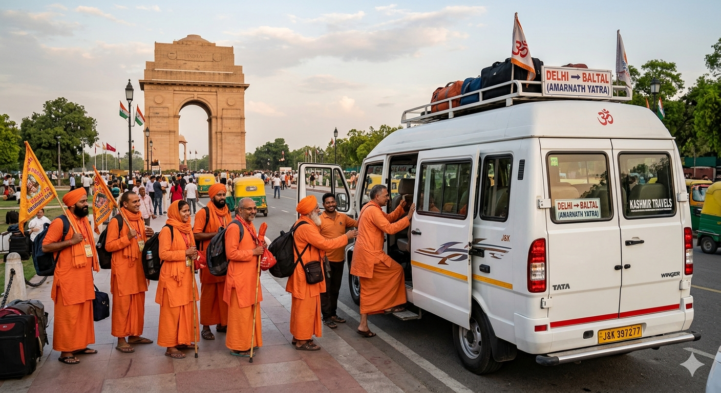 Amarnath Yatra by tempo traveller from Delhi 2026 - pilgrims boarding a tempo traveller at India Gate