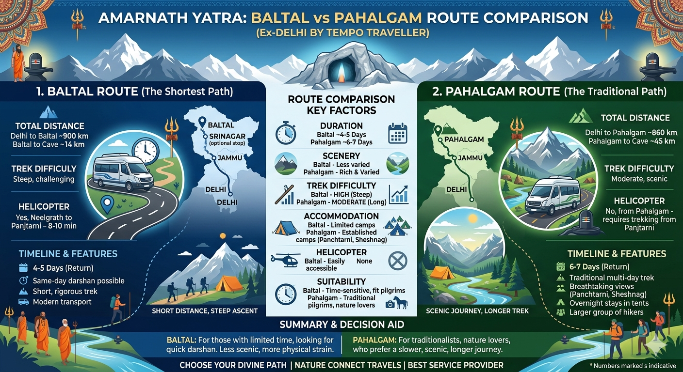 Amarnath Yatra by tempo traveller from Delhi 2026 - route comparison infographic