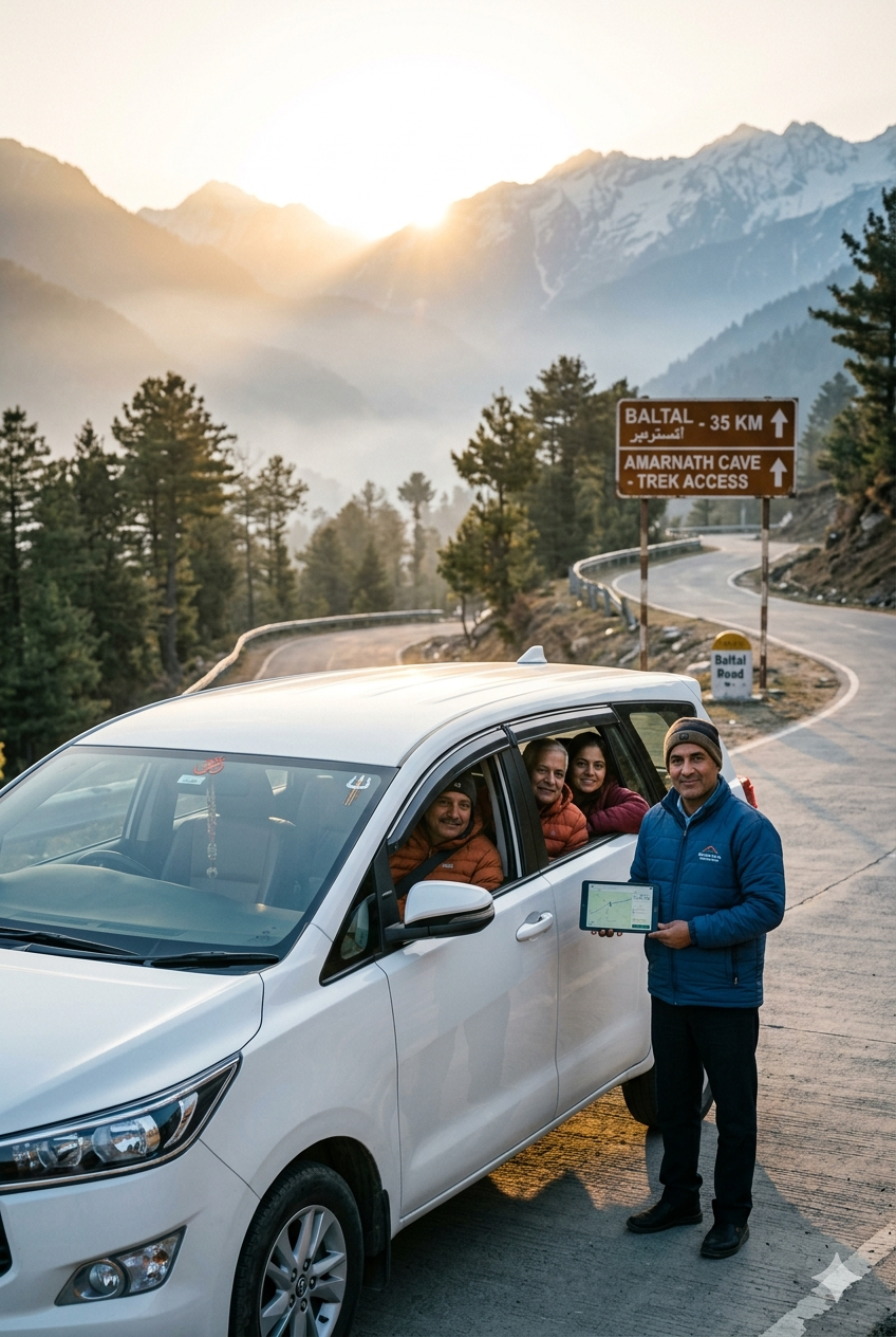 Amarnath Yatra cab service 2026 - comfortable SUV taxi for pilgrims with professional Kashmiri driver on Himalayan road to Baltal base camp