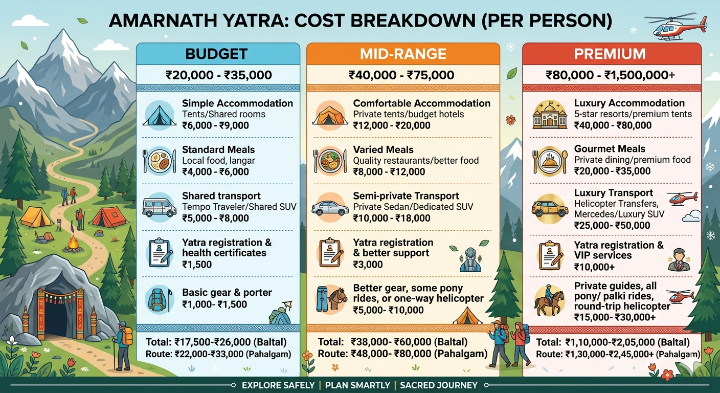 Amarnath Yatra Cost Per Person 2026 | ₹10,000-₹1,15,000 10 Amarnath Yatra cost per person 2026 - complete cost breakdown infographic