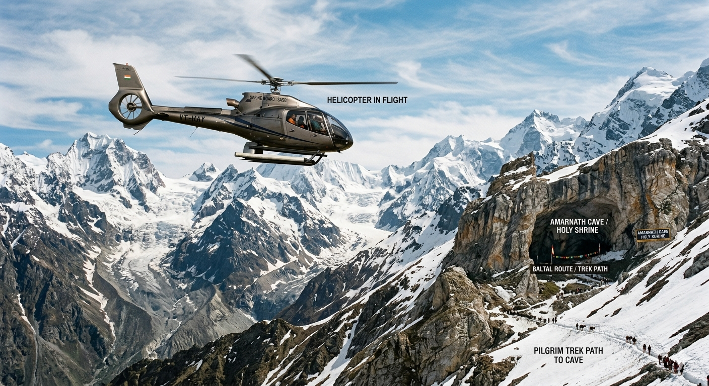 Amarnath Yatra Cost Per Person 2026 | ₹10,000-₹1,15,000 12 Amarnath Yatra cost per person 2026 - helicopter route over Himalayan peaks