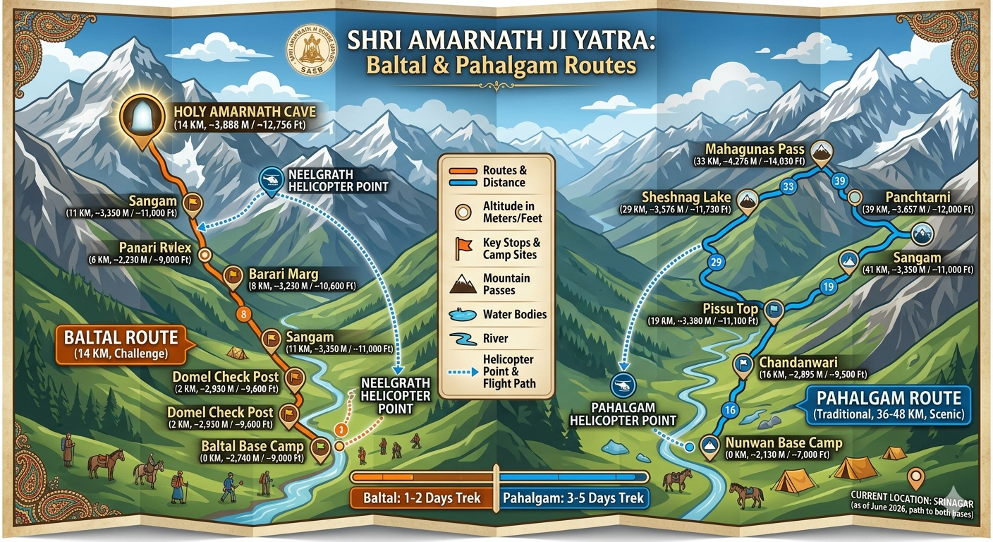 Amarnath Yatra Cost Per Person 2026 | ₹10,000-₹1,15,000 11 Amarnath Yatra cost per person 2026 - route comparison map Baltal vs Pahalgam