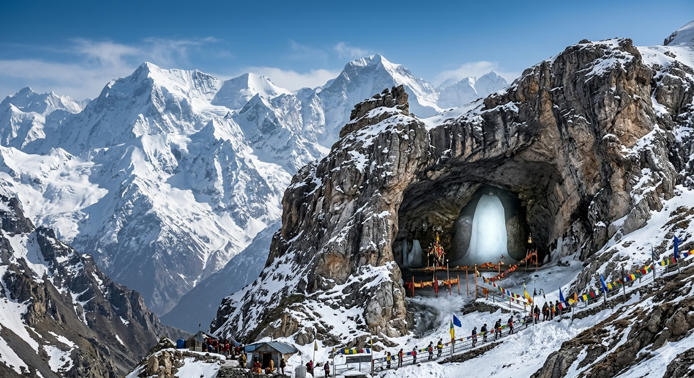 Amarnath Yatra Cost Per Person 2026 | ₹10,000-₹1,15,000 8 Amarnath Yatra cost per person 2026 - sacred Ice Lingam inside Amarnath Cave with Himalayan backdrop
