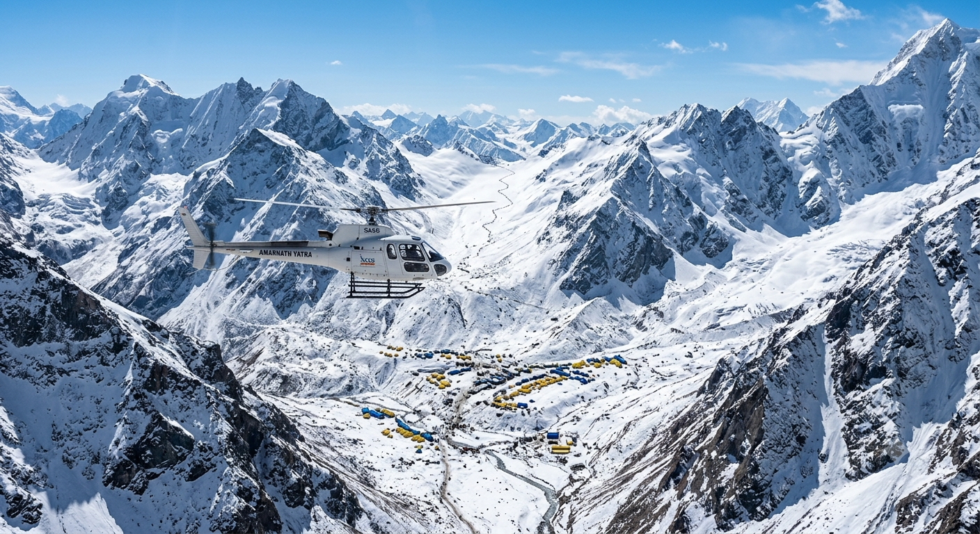 Amarnath Yatra itinerary 2026 - helicopter ride to Panjtarni over Himalayas