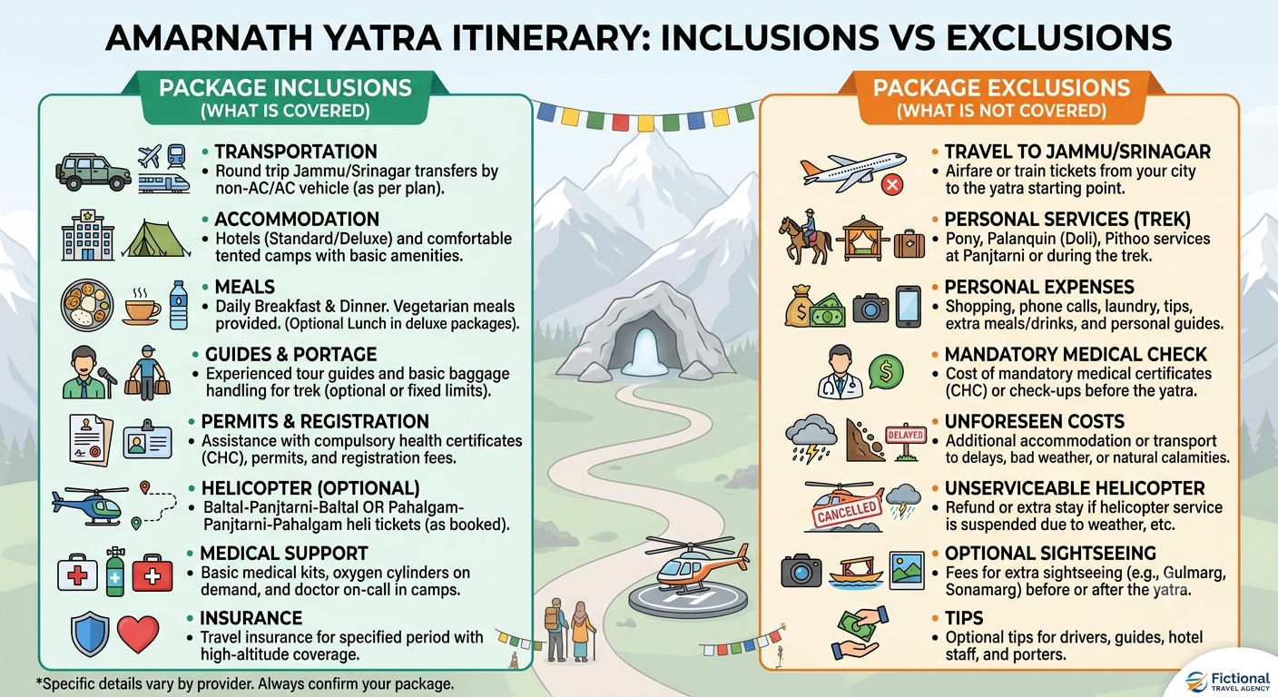 Amarnath Yatra itinerary 2026 - inclusions and exclusions infographic