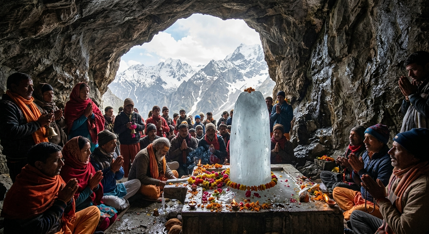 Amarnath Yatra itinerary 2026 - sacred Amarnath Cave with ice Shivling and pilgrims