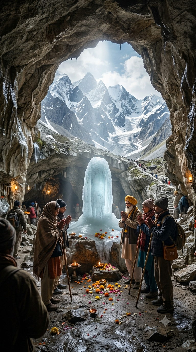 Amarnath Yatra itinerary 2026 - sacred Amarnath Cave with ice Shivling and pilgrims