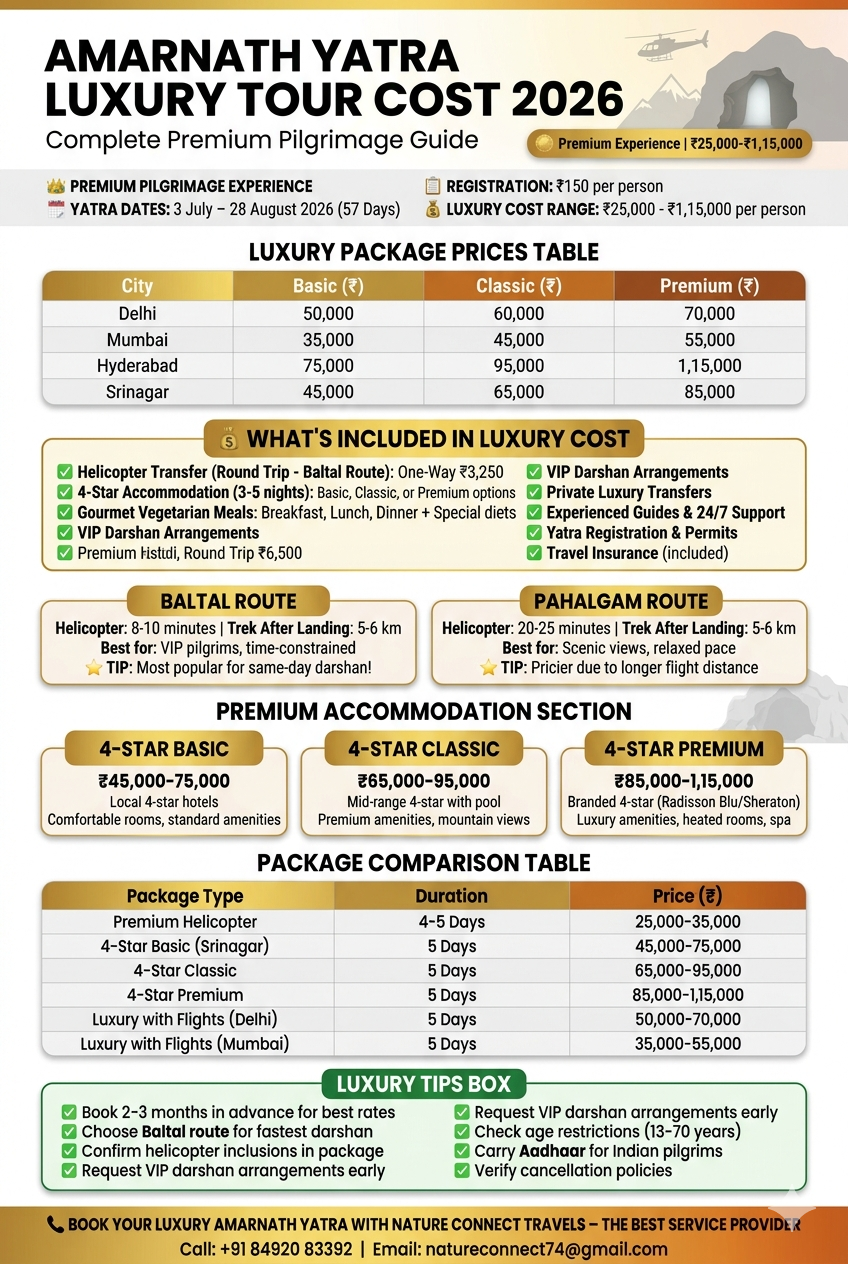 Amarnath Yatra luxury tour cost 2026 infographic - package prices by city Delhi 50000-70000 Mumbai 35000-55000 Hyderabad 75000-115000 Srinagar 45000-85000, inclusions helicopter 4-star meals VIP darshan, route comparison Baltal vs Pahalgam