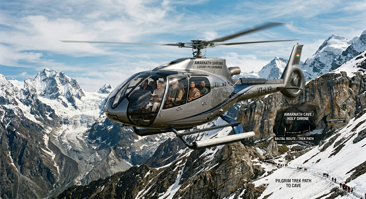 Amarnath Yatra Luxury Tour Cost 2026 | ₹25,000-₹1,15,000 | VIP Packages 7 Amarnath Yatra luxury tour cost 2026 - premium helicopter over Himalayan peaks
