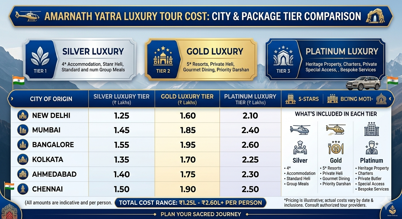 Amarnath Yatra Luxury Tour Cost 2026 | ₹25,000-₹1,15,000 | VIP Packages 8 Amarnath Yatra luxury tour cost 2026 - price comparison infographic