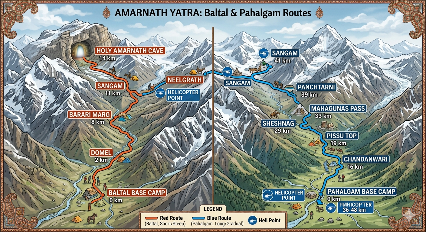 Amarnath Yatra Luxury Tour Cost 2026 | ₹25,000-₹1,15,000 | VIP Packages 10 Amarnath Yatra luxury tour cost 2026 - route map Baltal vs Pahalgam