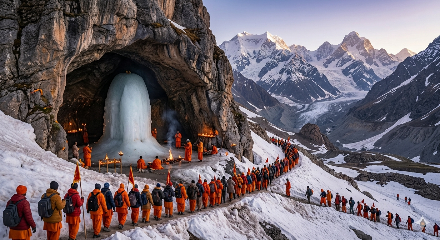  Amarnath Yatra package 2026 - devotees at the holy Amarnath Cave with ice Shiva Lingam