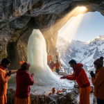 Amarnath Yatra package cost 2026 - Holy 12,756 feet cave with massive Ice Lingam and devotees praying for darshan.