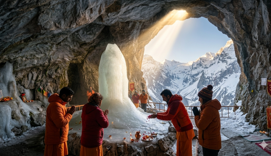 Amarnath Yatra package cost 2026 - Holy 12,756 feet cave with massive Ice Lingam and devotees praying for darshan.