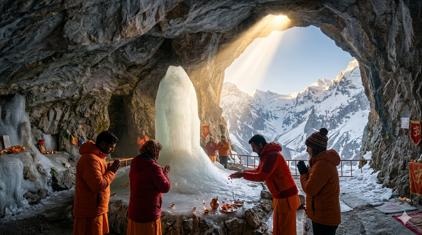 Amarnath Yatra package cost 2026 - Holy 12,756 feet cave with massive Ice Lingam and devotees praying for darshan.
