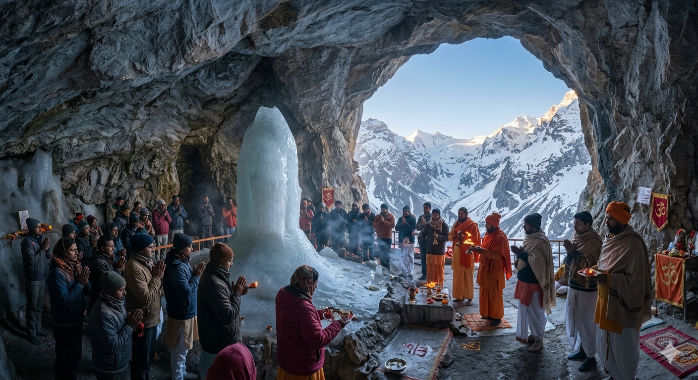 Amarnath Yatra Package Cost 2026 | ₹4,500 - ₹1,15,000 | Complete Guide 7 Amarnath Yatra package cost 2026 - holy Amarnath Cave with Ice Lingam and devotees praying