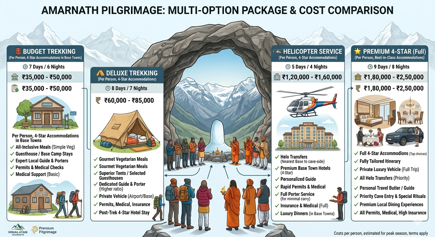 Amarnath Yatra Package Cost 2026 | ₹4,500 - ₹1,15,000 | Complete Guide 8 Amarnath Yatra package cost 2026 - price comparison chart for budget deluxe helicopter and premium options