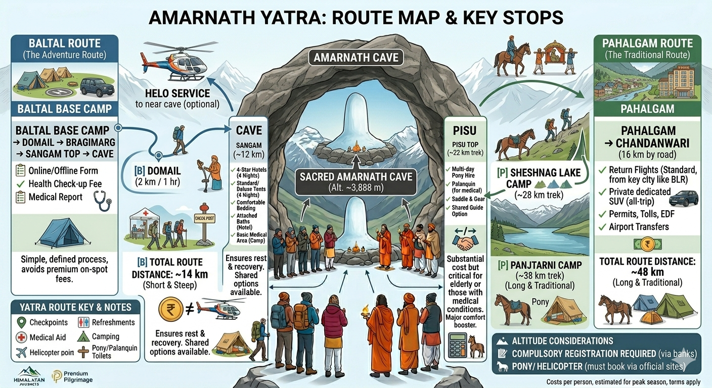 Amarnath Yatra Package Cost 2026 | ₹4,500 - ₹1,15,000 | Complete Guide 10 Amarnath Yatra package cost 2026 - route map showing Baltal and Pahalgam routes to Amarnath Cave