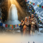 Amarnath Yatra package from Bangalore 2026 - South Indian pilgrims from Bangalore praying before holy Ice Lingam at Amarnath Cave after journey from Karnataka