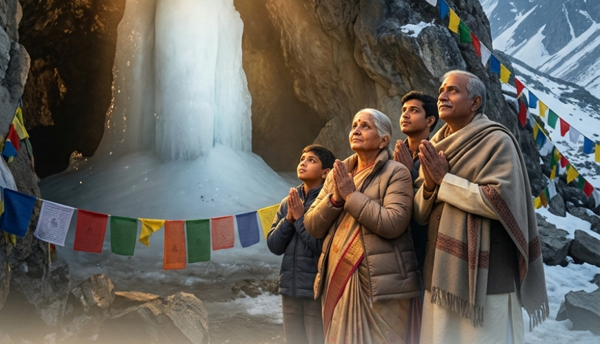 Amarnath Yatra package from Bangalore 2026 - South Indian pilgrims from Bangalore praying before holy Ice Lingam at Amarnath Cave after journey from Karnataka