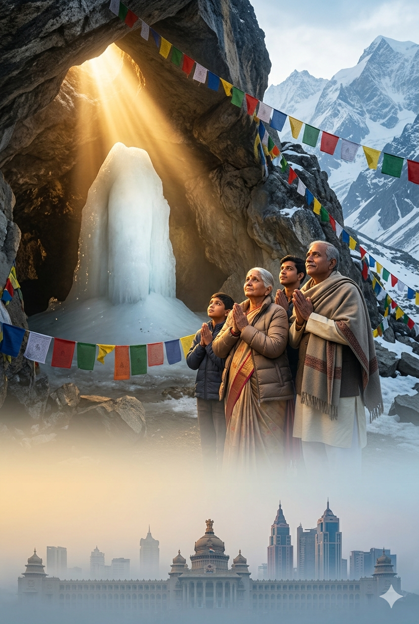 Amarnath Yatra package from Bangalore 2026 - South Indian pilgrims from Bangalore praying before holy Ice Lingam at Amarnath Cave after journey from Karnataka