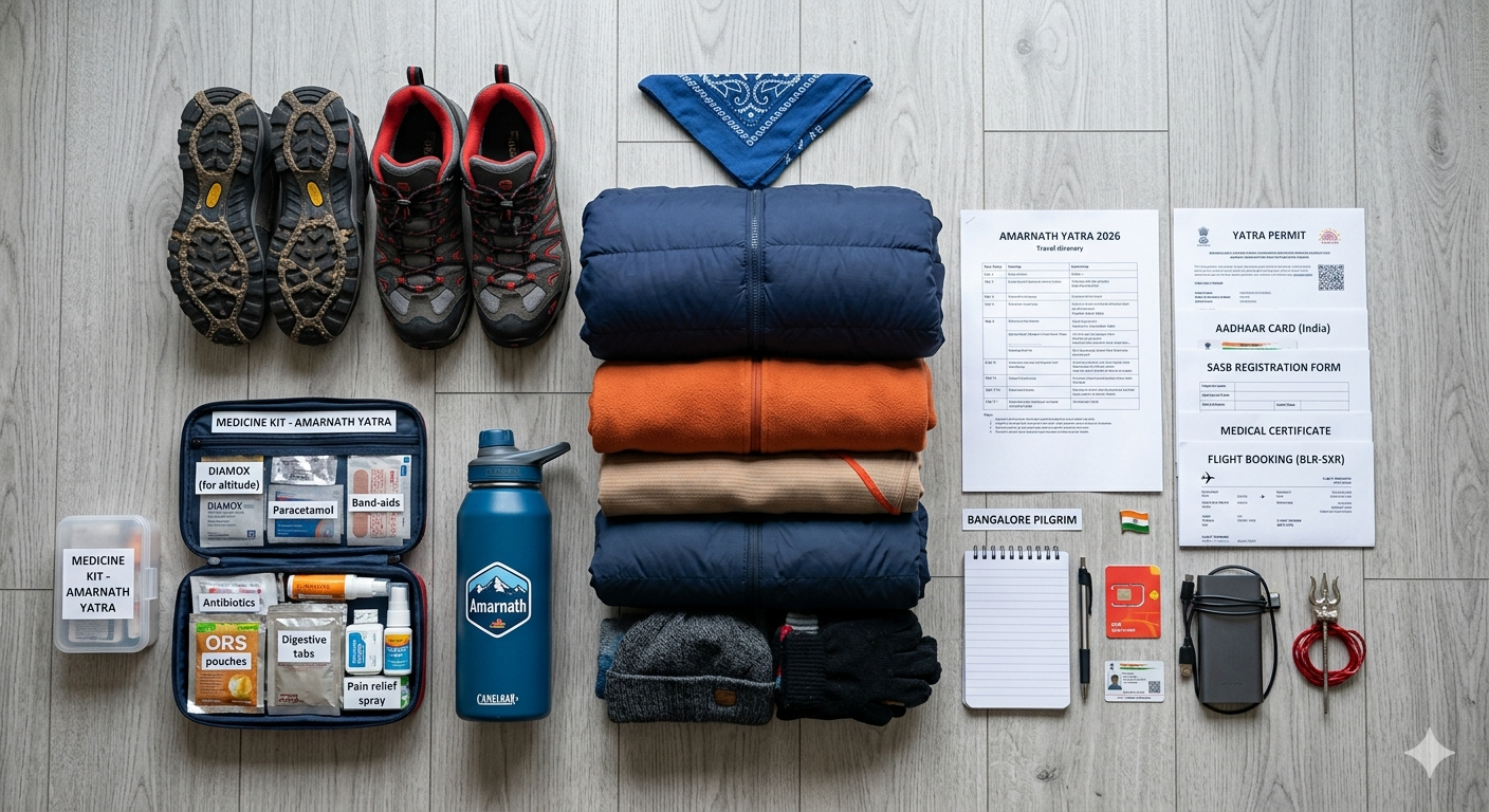  Amarnath Yatra package from Bangalore 2026 - essential packing list for Karnataka pilgrims including warm clothing and altitude medicine