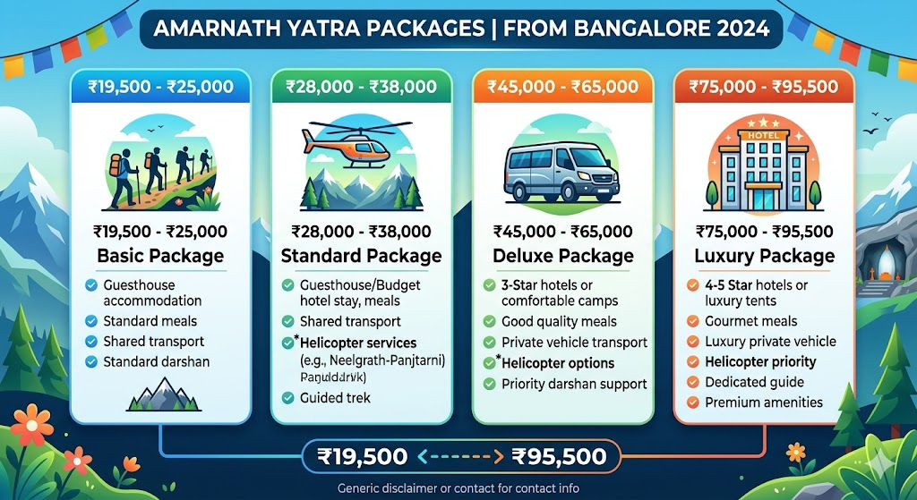 Amarnath Yatra package from Bangalore 2026 price comparison chart - helicopter deluxe and luxury package options